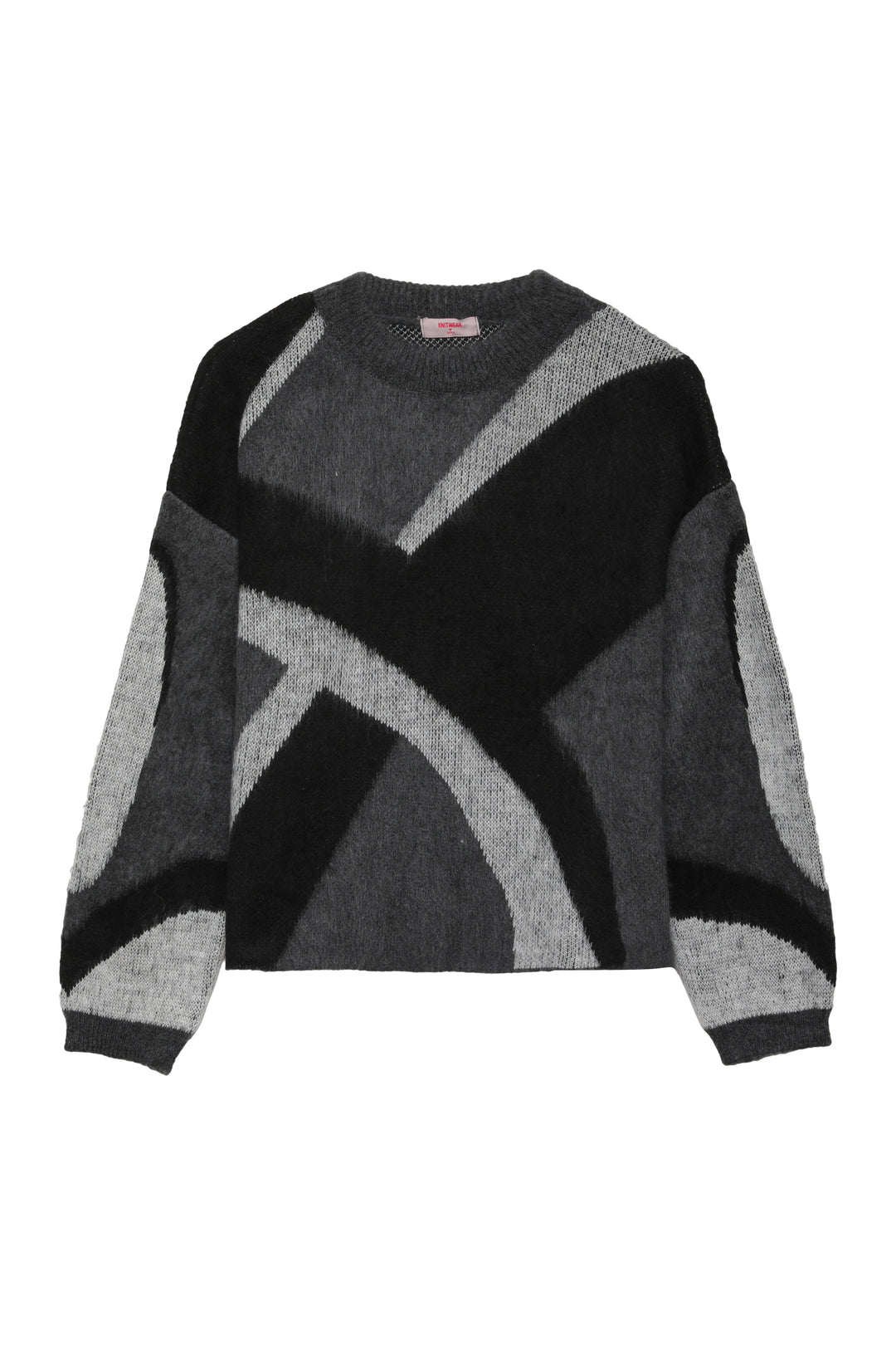 Renkli Desenli Uzun Kol Triko Gri