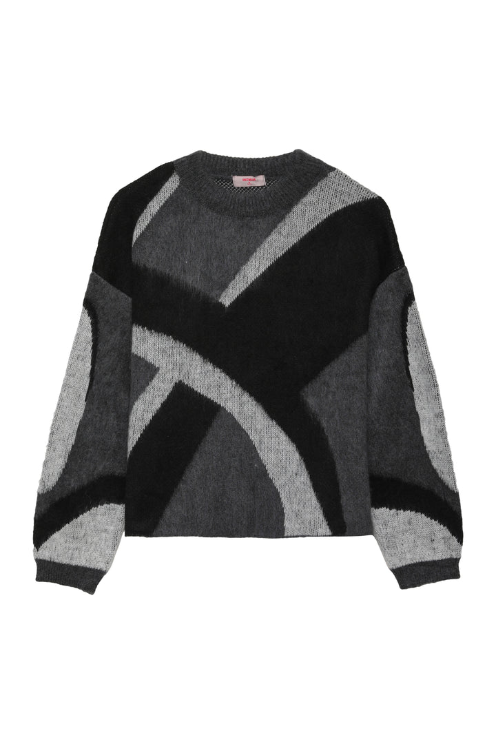 Renkli Desenli Uzun Kol Triko Gri