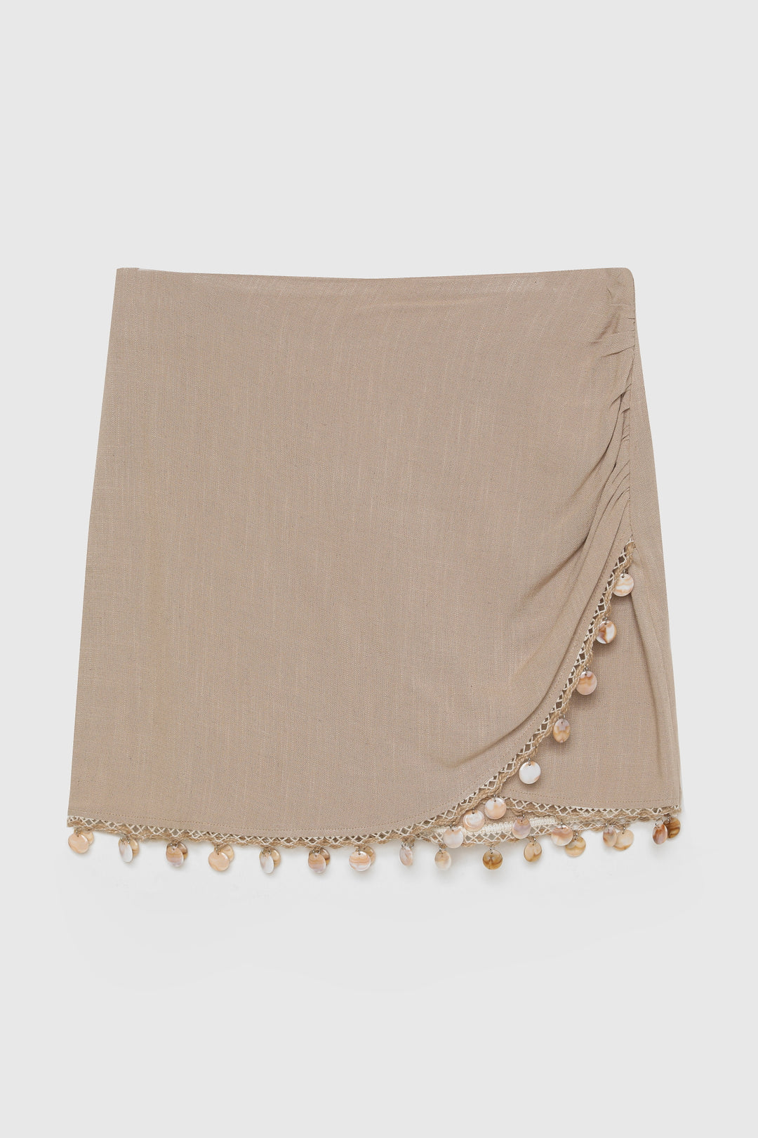 Midye Kabuk Aksesuarlı Keten Mini Etek Koyu Bej