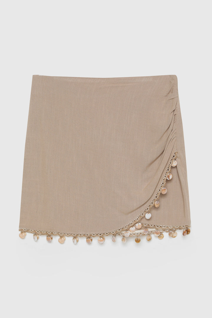 Midye Kabuk Aksesuarlı Keten Mini Etek Koyu Bej