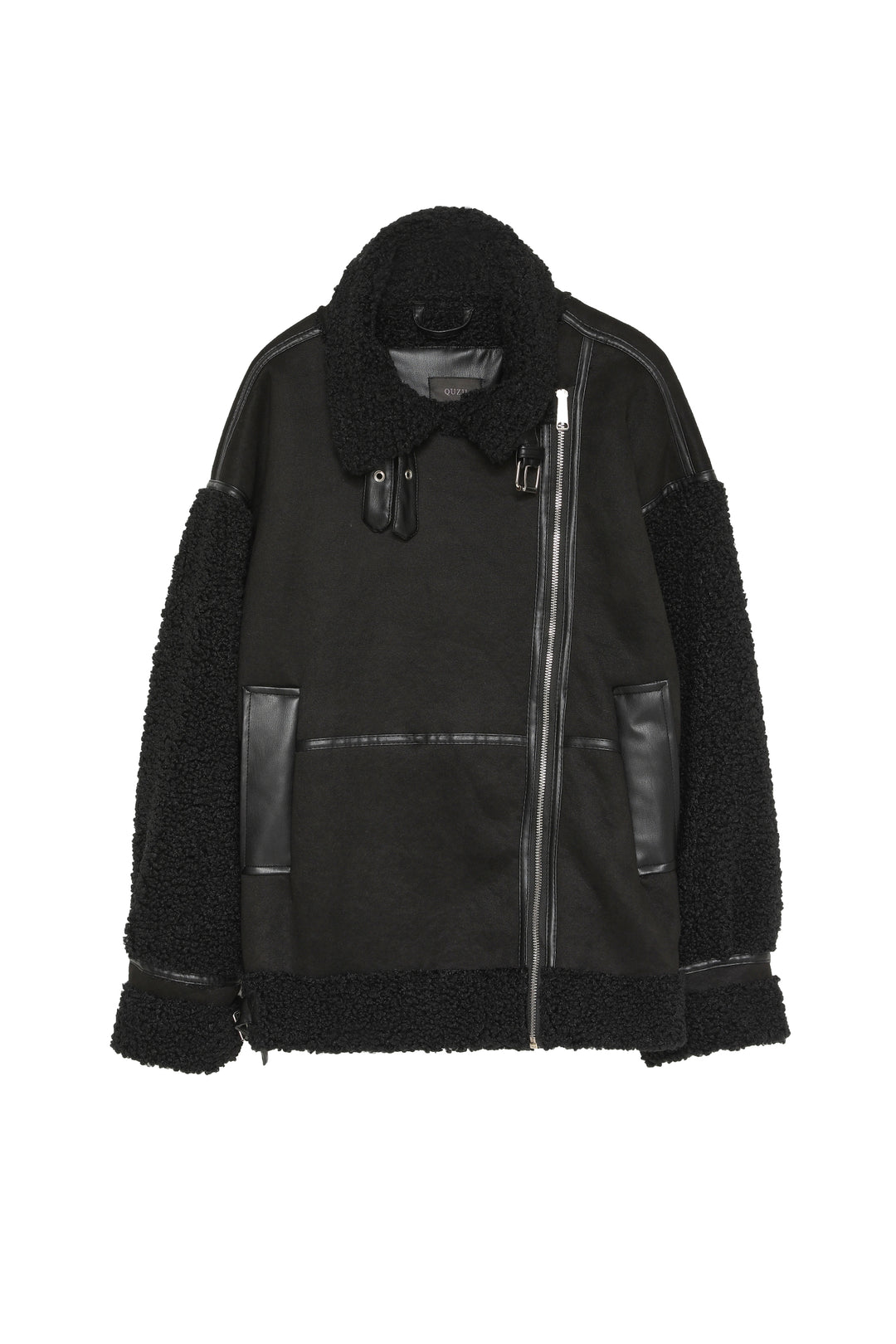 Stitched Short Coat with Plush Detail on Sleeves Black