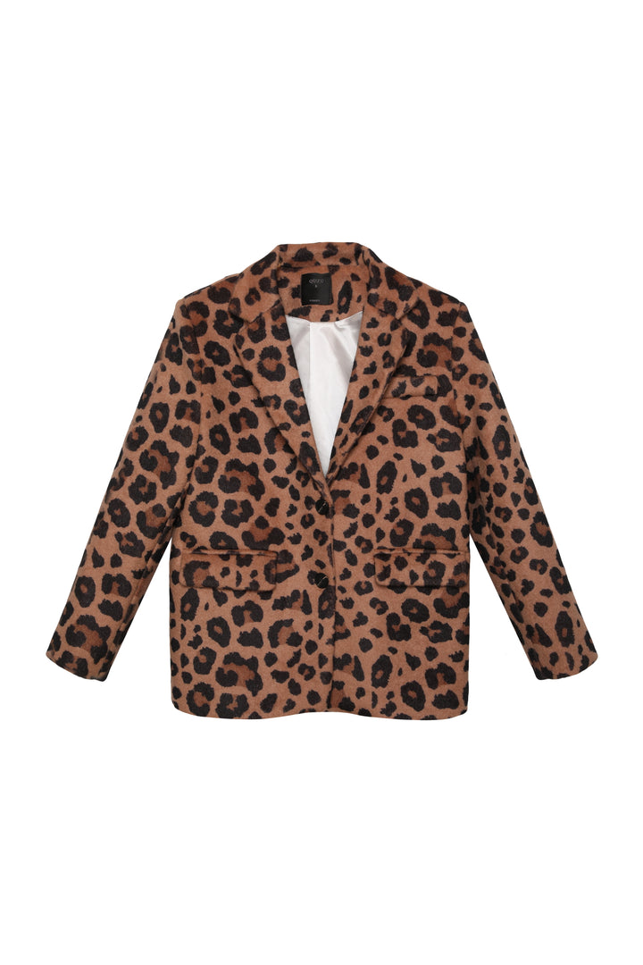 Leopar Desenli Oversize Kaşe Blazer Ceket Camel
