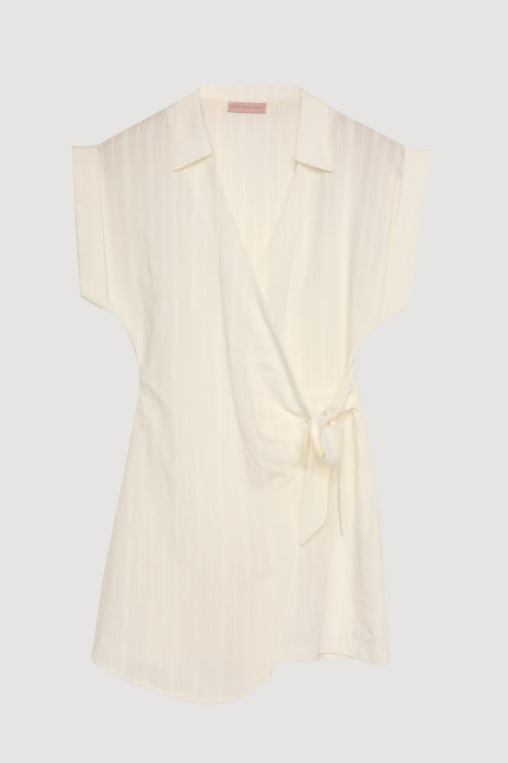 Kruvaze Yaka Beli Bağlamalı Şort Tulum Ekru