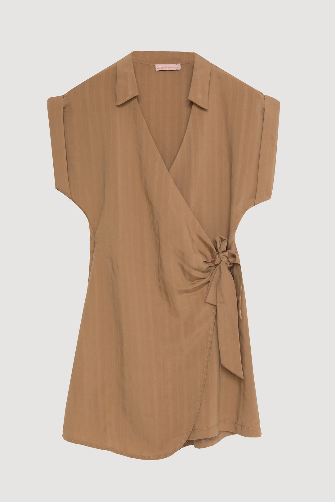 Kruvaze Yaka Beli Bağlamalı Şort Tulum Kahverengi