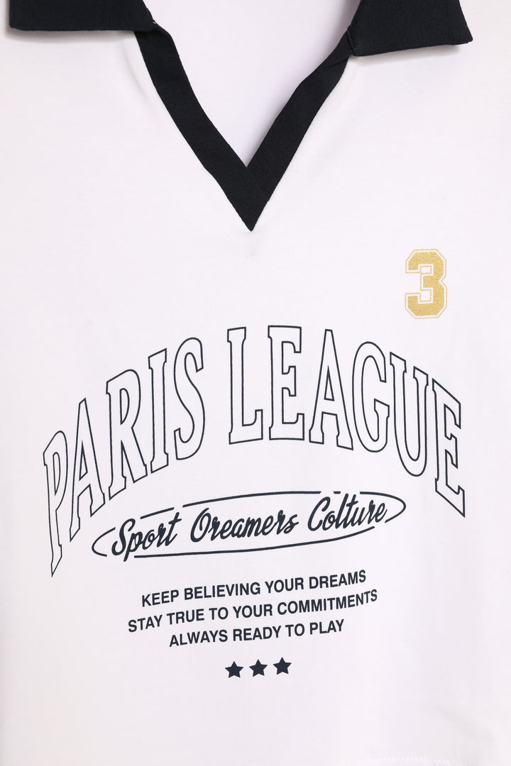 Paris Yazı Baskılı Polo Yaka Crop Tişört Beyaz