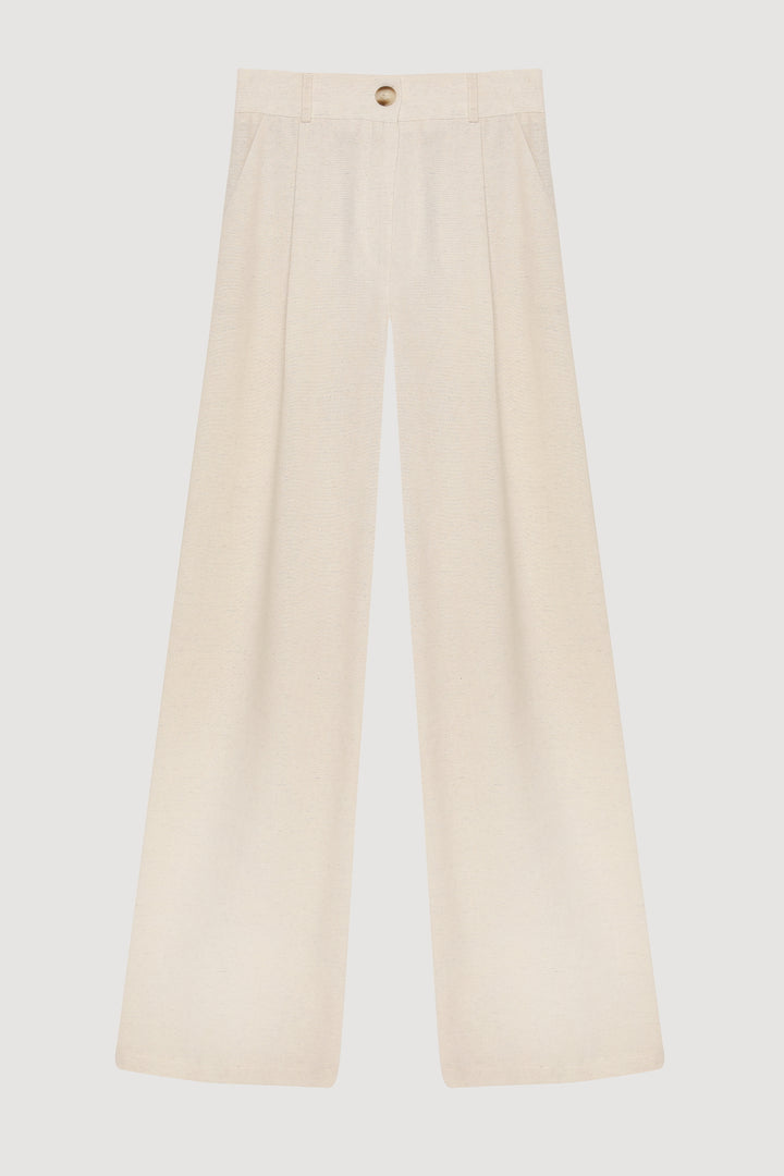 Pile Detaylı Cepli Düz Keten Pantolon Naturel