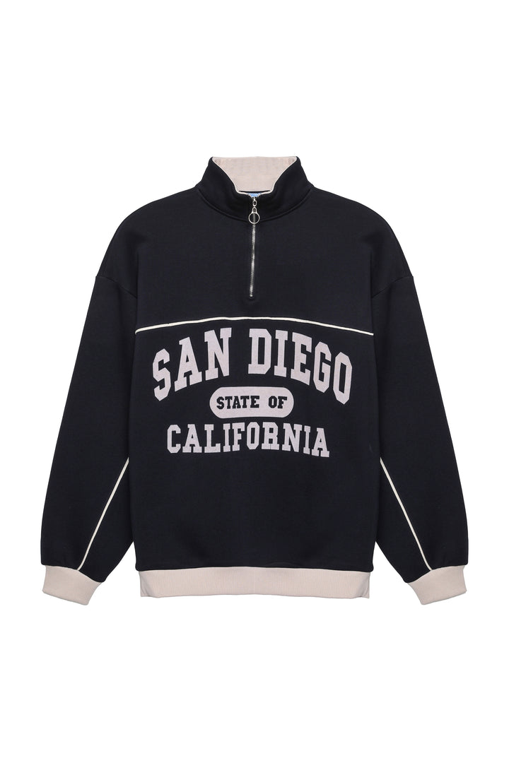 Balıkçı Yaka Yazılı Oversize Sweatshirt Lacivert