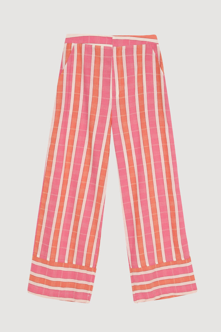 Renkli Çizgili Yüksek Bel Pantolon Pembe