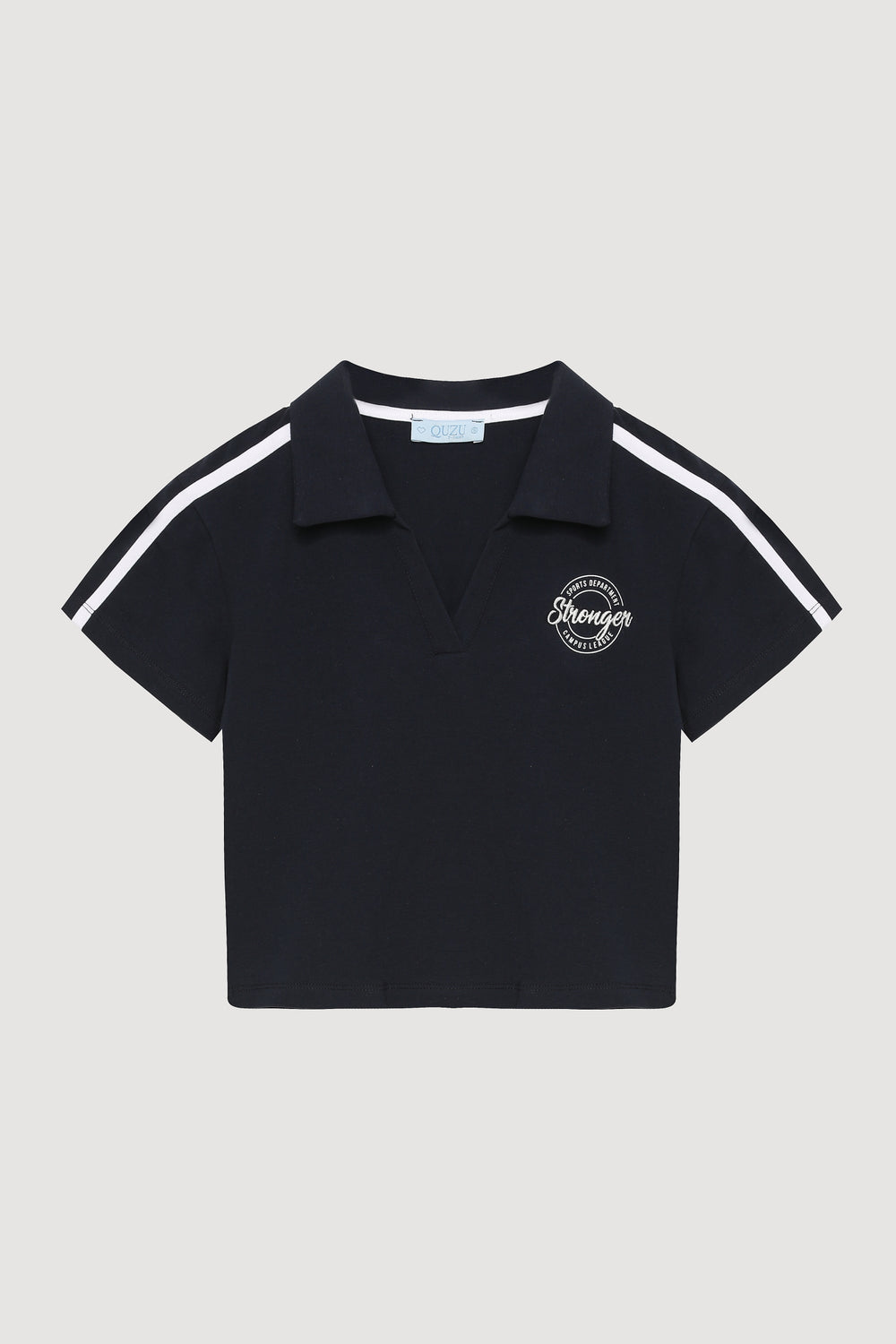 Polo Yaka Baskılı Crop Tişört Lacivert