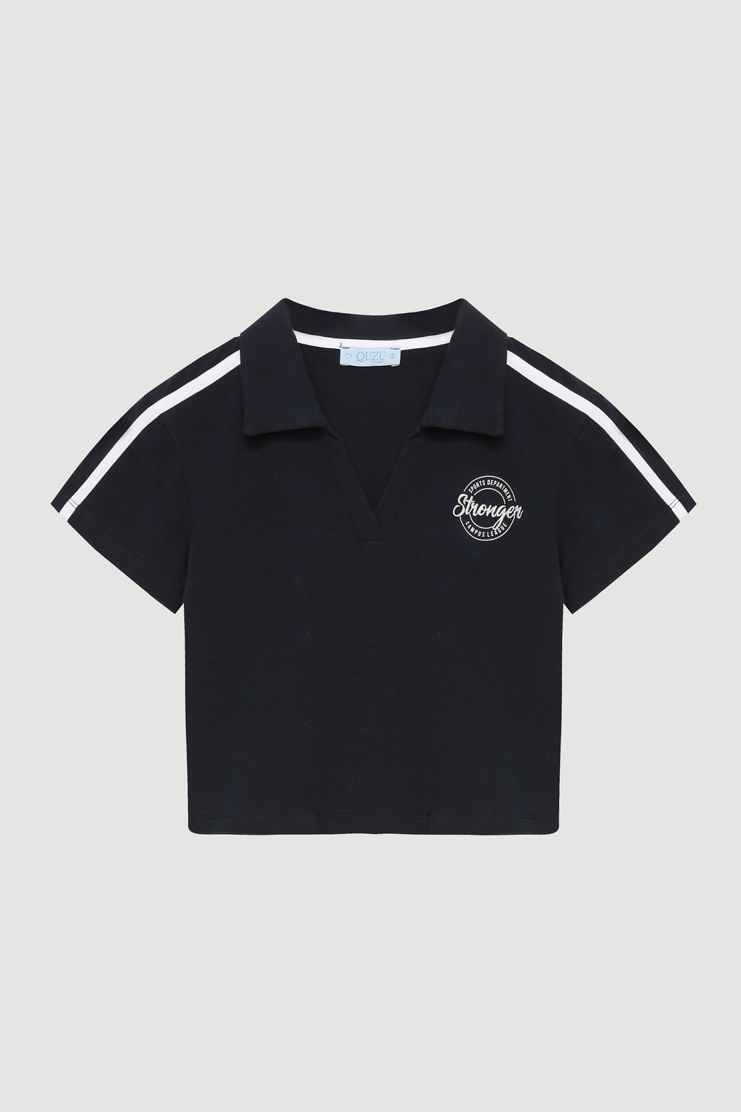 Polo Yaka Baskılı Crop Tişört Lacivert