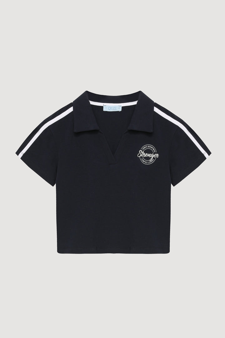 Polo Yaka Baskılı Crop Tişört Lacivert