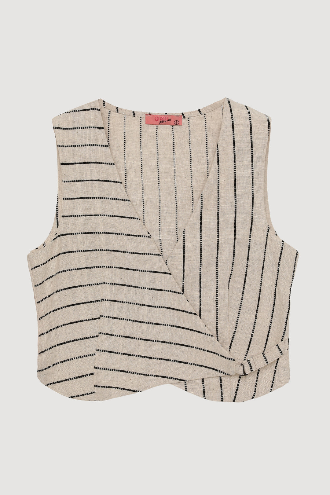 Kruvaze Yaka Keten Çizgili Bluz Naturel