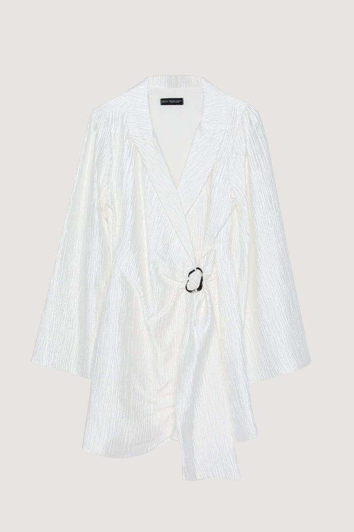 Kruvaze Bağlamalı Dokulu Mini Elbise Ekru