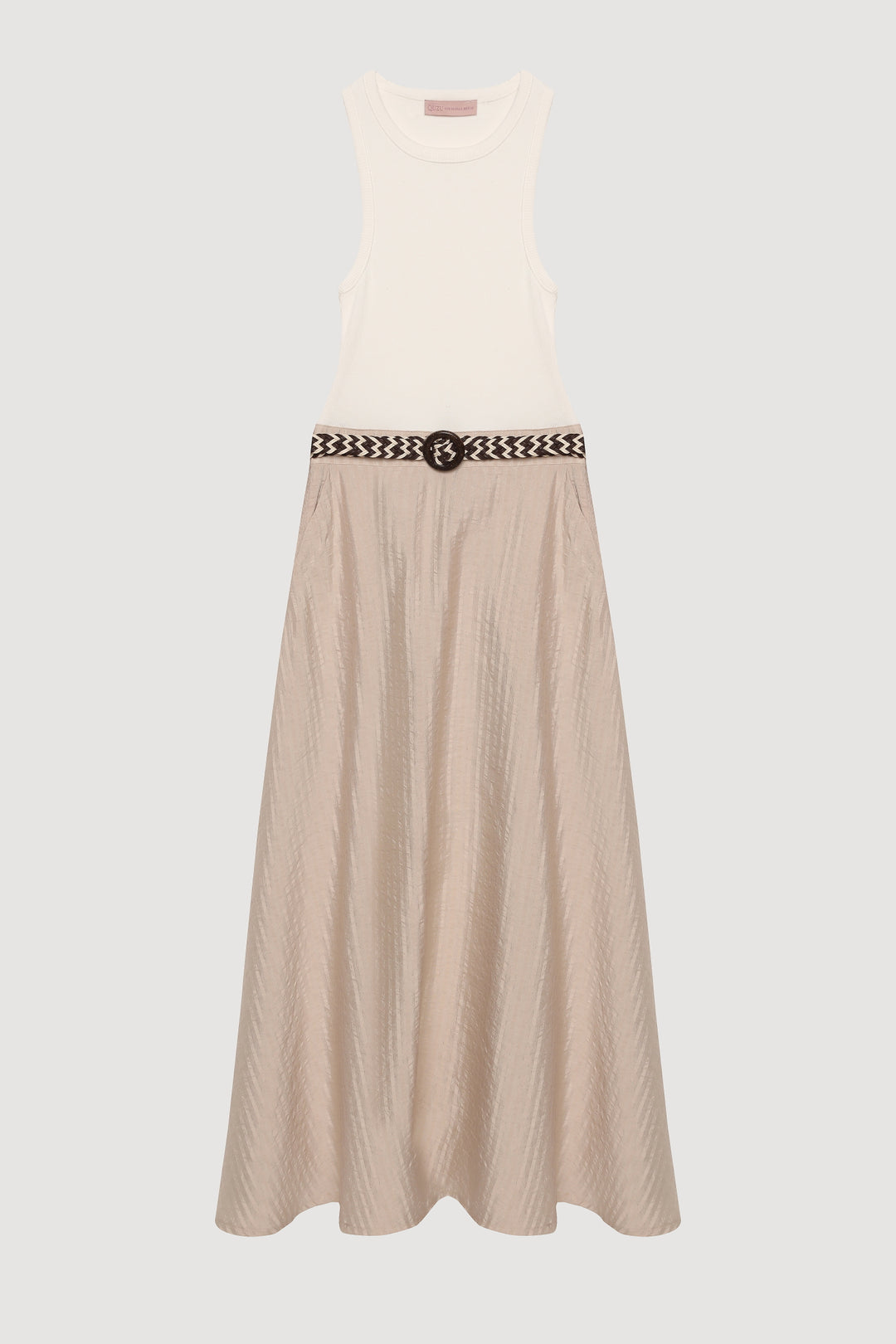 Halter Yaka Atlet Matchli Kemerli Elbise Bej