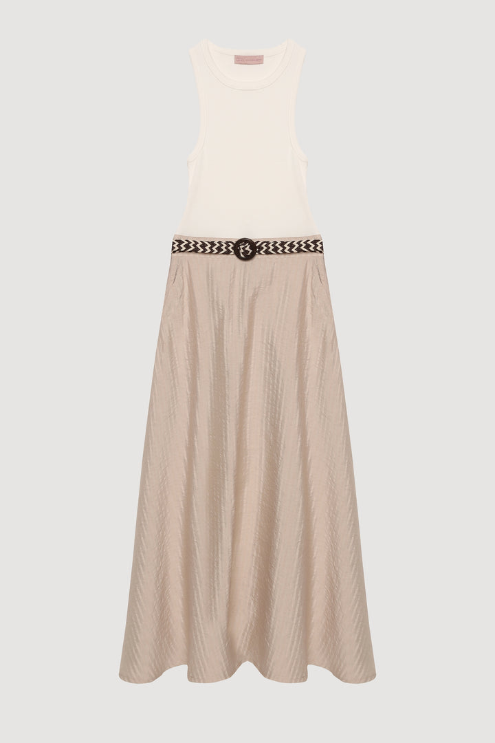 Halter Yaka Atlet Matchli Kemerli Elbise Bej