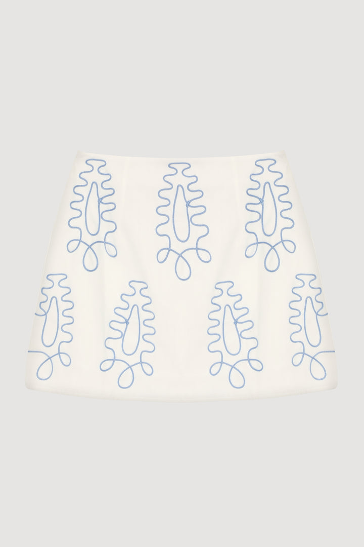 Etnik Motif Nakışlı Mini Etek Ekru