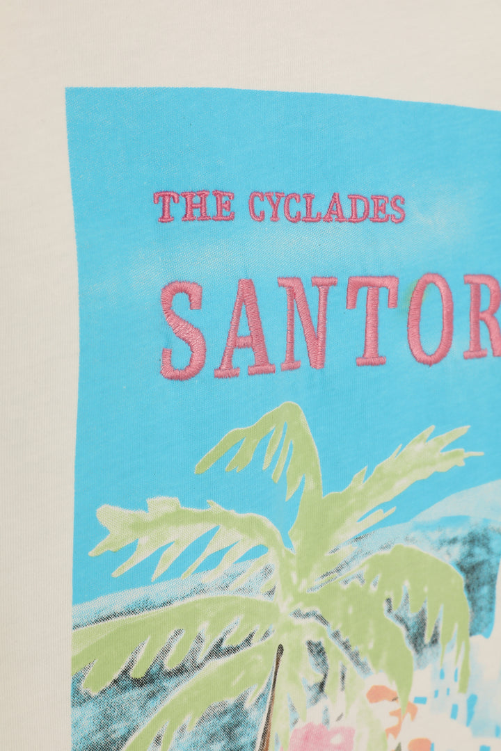 Santorini Baskılı Renkli Tişört Ekru
