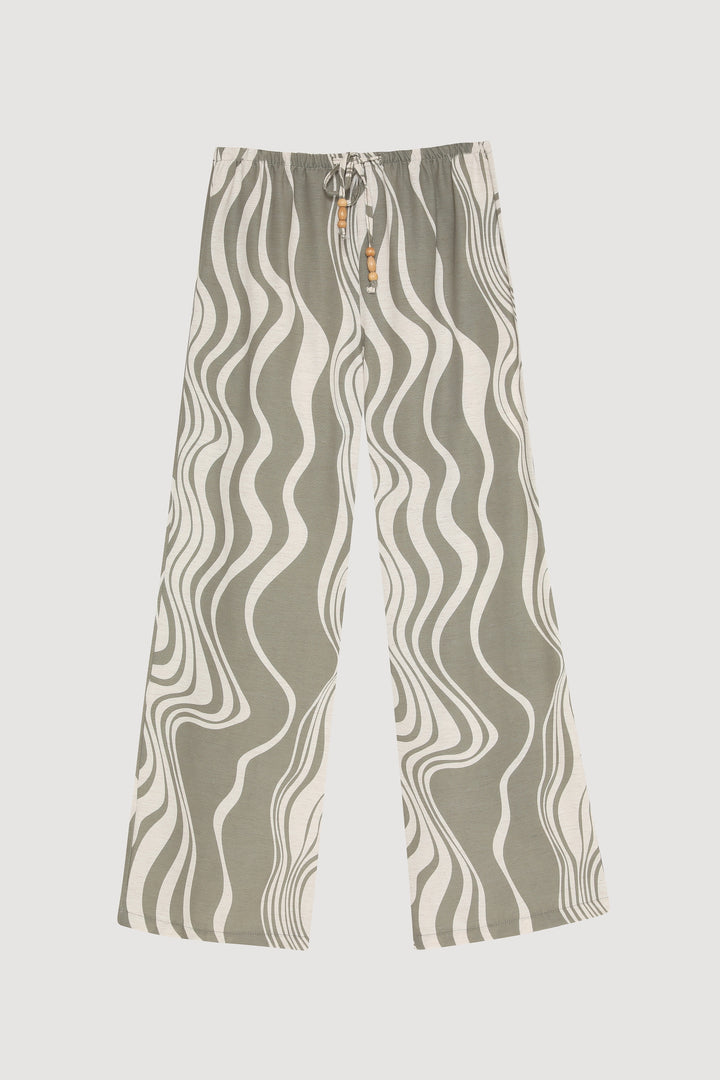 Dalga Desenli Beli Lastikli Bol Pantolon Haki
