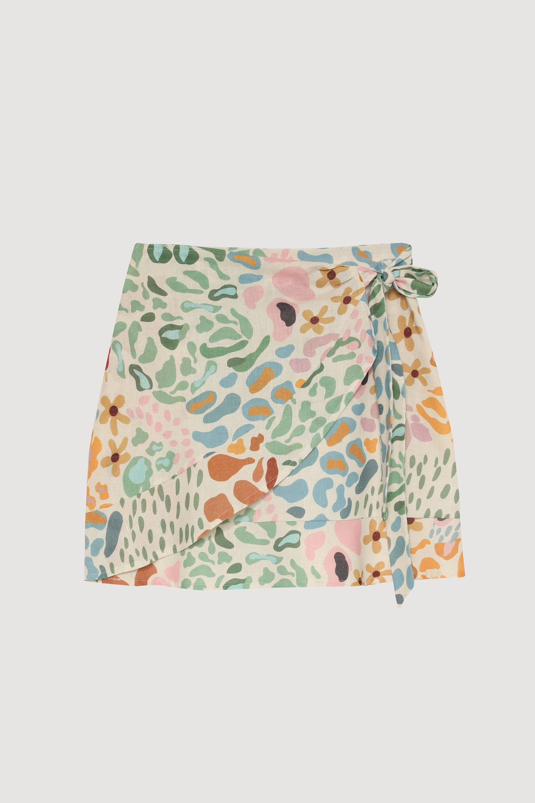 Kruvaze Bağlamalı Renkli Desenli Keten Mini Etek Naturel