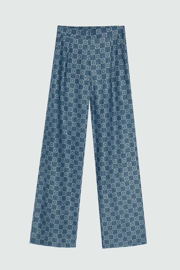 Damalı Kot Görünümlü Bol Paça Pantolon İndigo