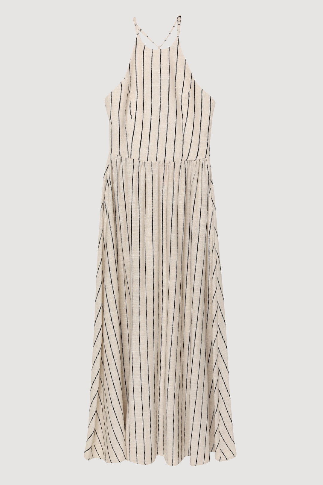 Halter Yaka Keten Sırtı Bağlamalı Çizgili Uzun Elbise Naturel