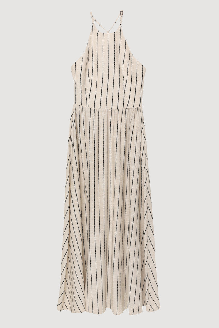 Halter Yaka Keten Sırtı Bağlamalı Çizgili Uzun Elbise Naturel