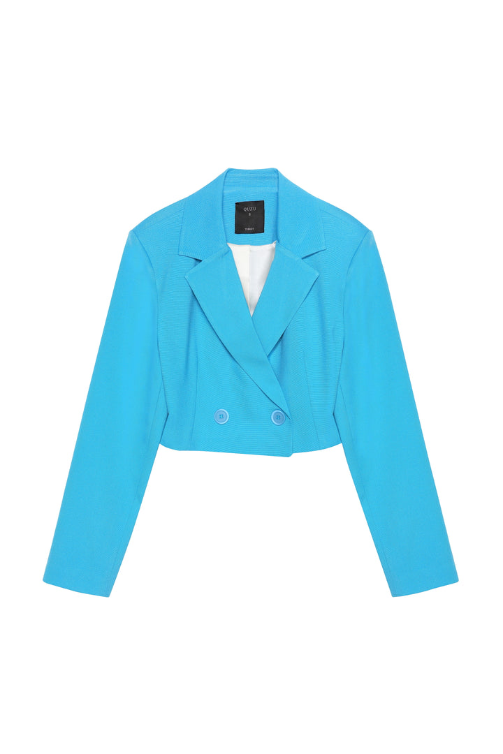 Vatka Detaylı Crop Blazer Ceket Mavi