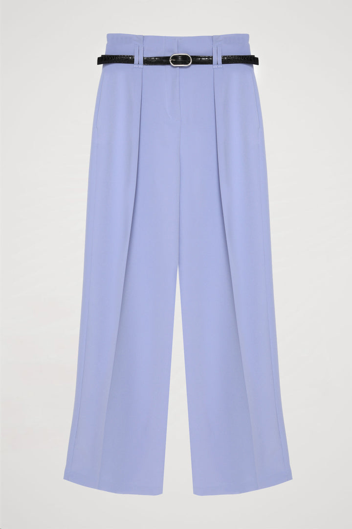 Kemer Detaylı Yüksek Bel Geniş Paça Pantolon Mavi