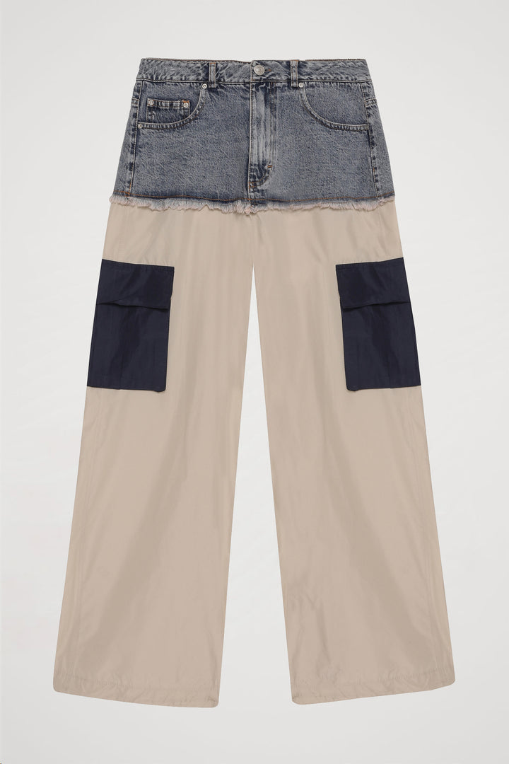 Denim Detaylı Cepli Paraşüt Pantolon Mavi