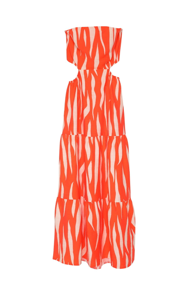 Cut Out Desenli Uzun Elbise Turuncu