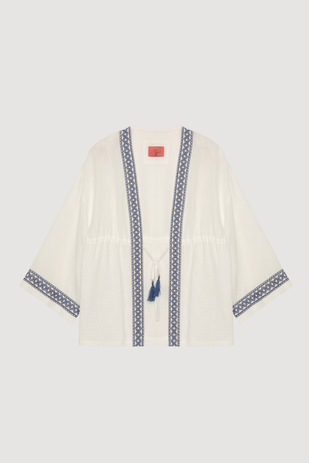 Şerit Nakış Detaylı Beli Bağlamalı Kimono Ekru