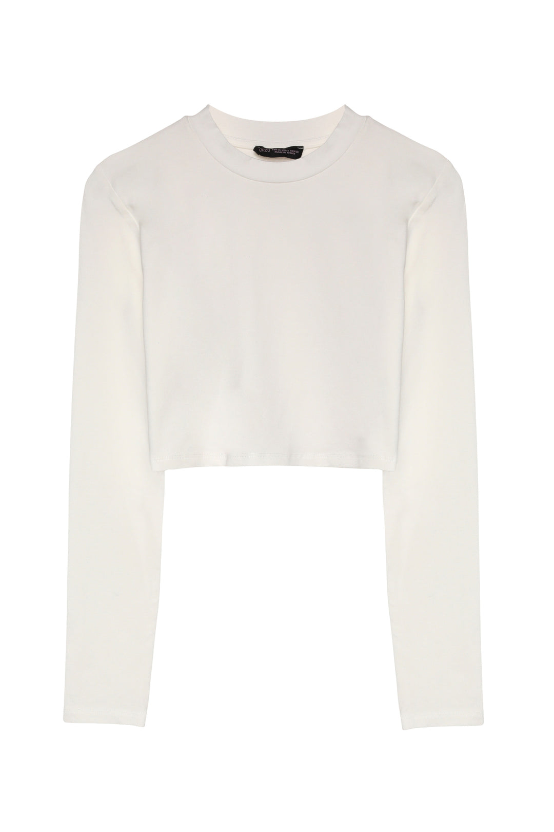 Bisiklet Yaka Uzun Kol Basic Crop Bluz Ekru