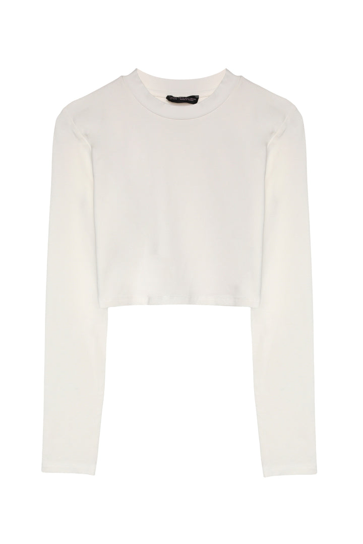 Bisiklet Yaka Uzun Kol Basic Crop Bluz Ekru
