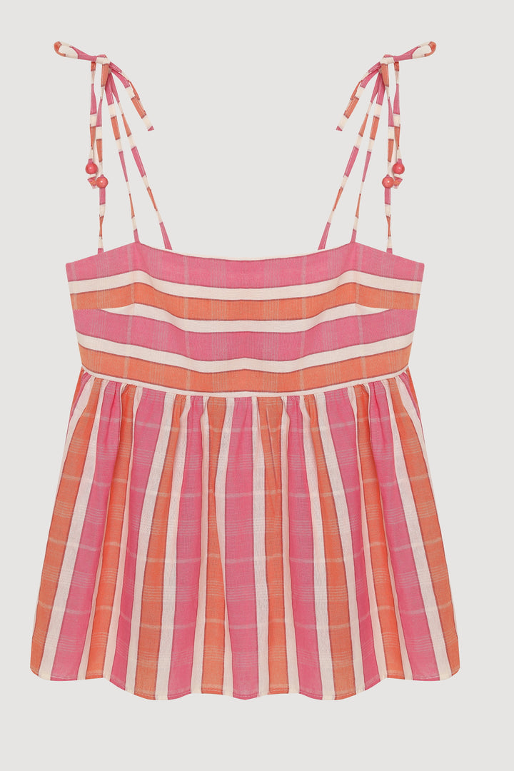 Çizgili Omuzu Bağcıklı Bluz Pembe