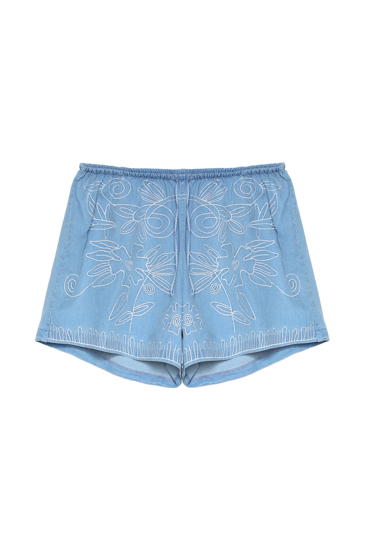 Nakış Detaylı Beli Lastikli Mini Şort Mavi