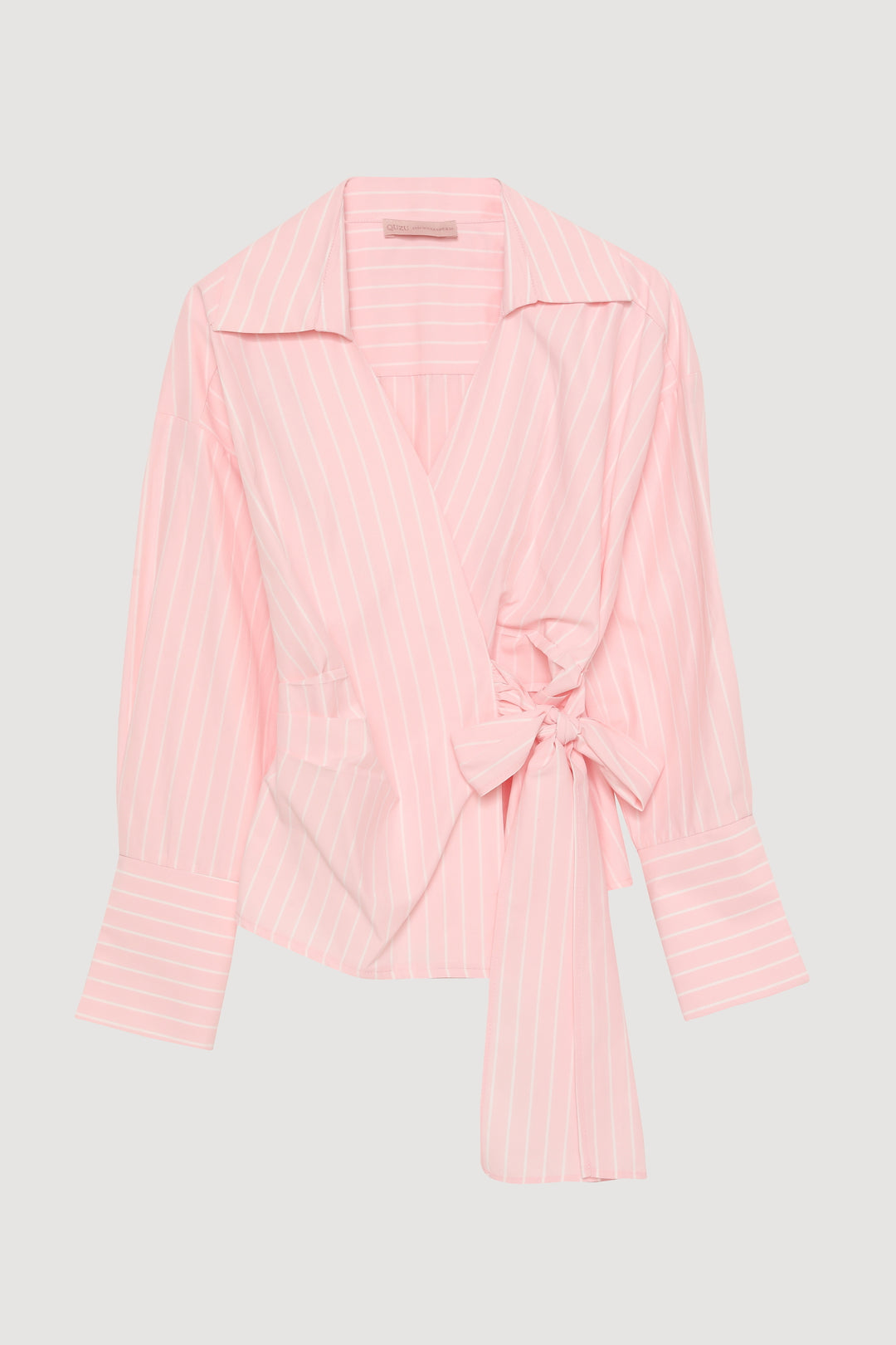 Kruvaze Bağlamalı Çizgili Bluz Pembe