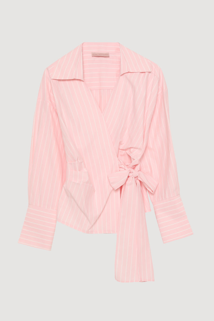 Kruvaze Bağlamalı Çizgili Bluz Pembe