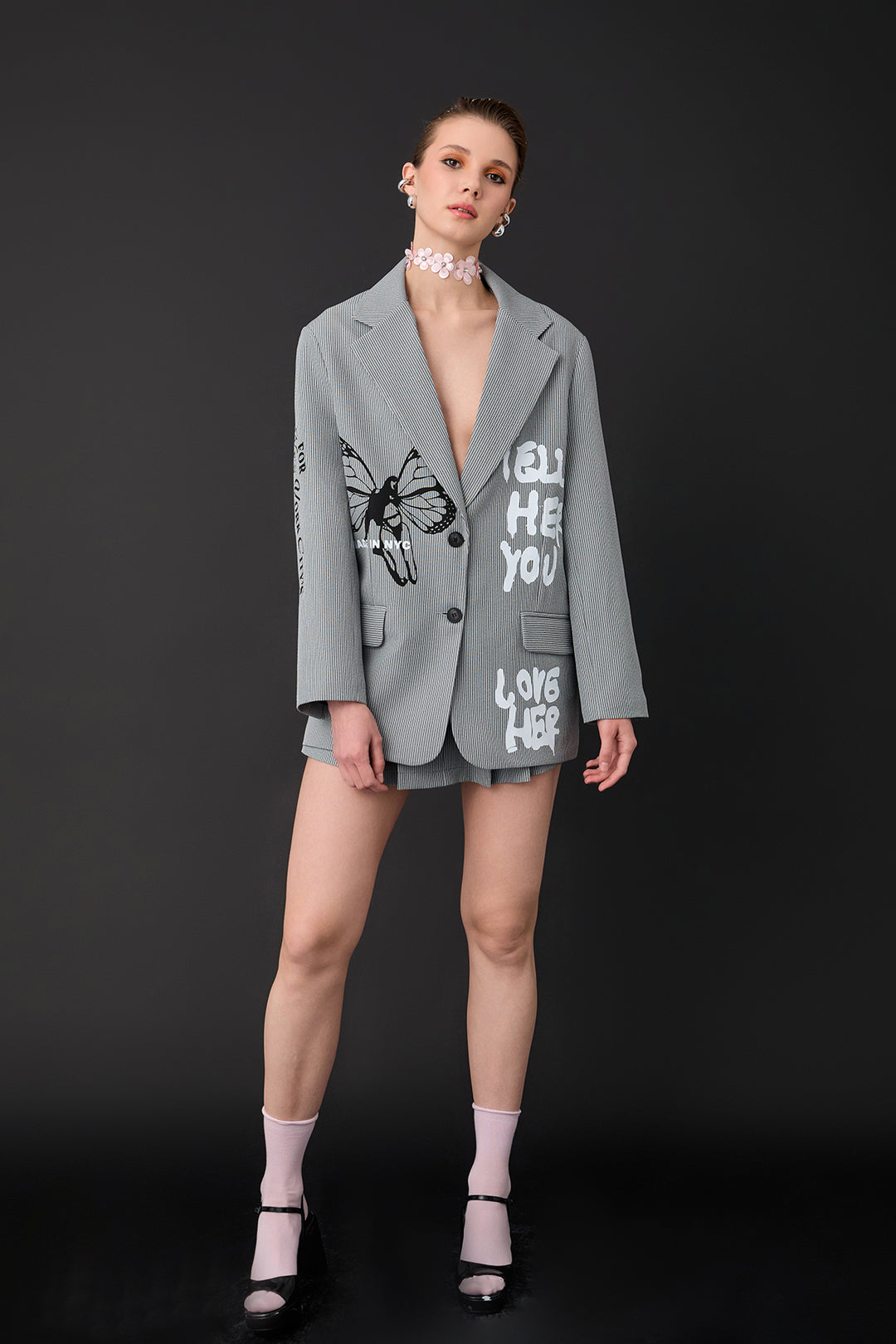İnce Çizgili Baskı Detaylı Blazer Ceket Gri