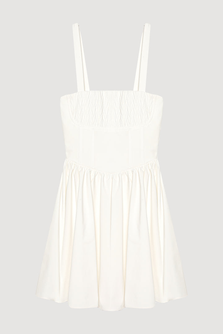Kalın Askılı Pileli Mini Elbise Ekru