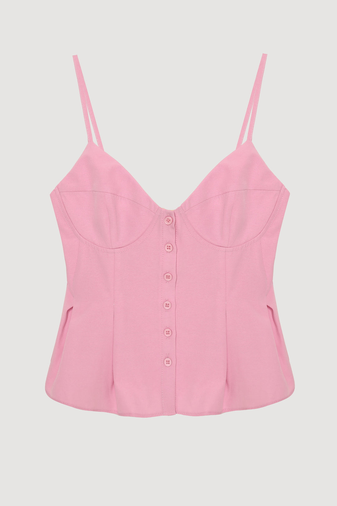 Pile Detaylı Düğmeli İnce Askılı Bluz Pembe