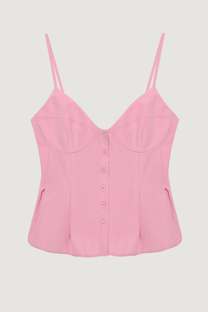 Pile Detaylı Düğmeli İnce Askılı Bluz Pembe
