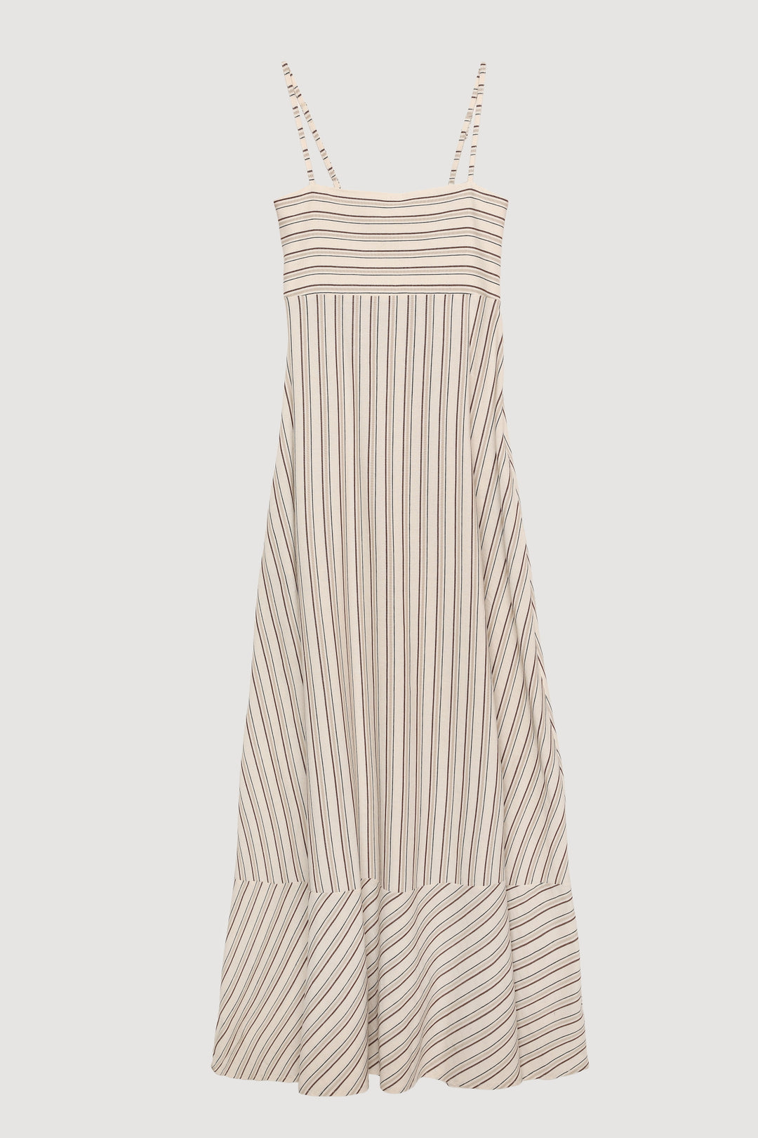 İnce Çizgili Etek Ucu Volanlı Askılı Uzun Elbise Naturel