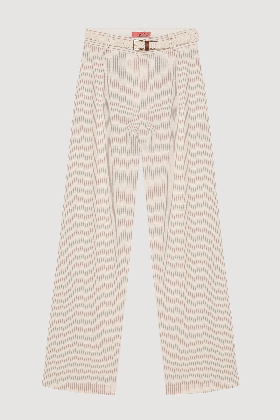 Hasır Kemerli İnce Çizgili Keten Pantolon Naturel