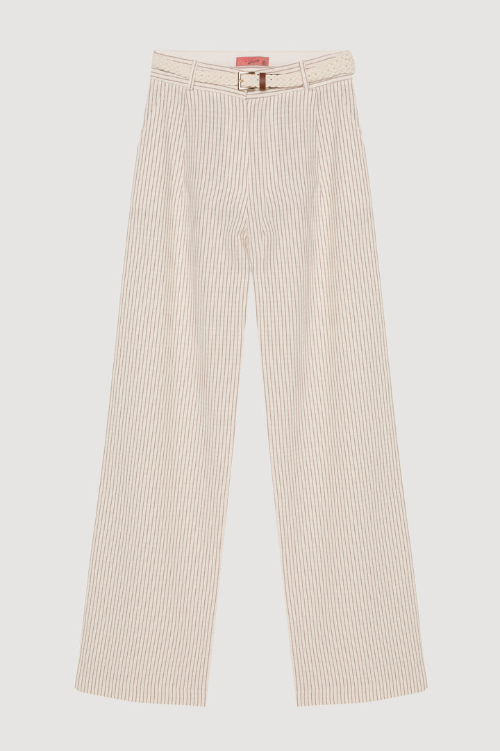 Hasır Kemerli İnce Çizgili Keten Pantolon Naturel