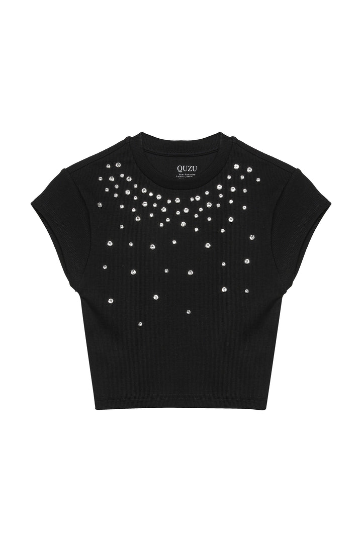 Taş Detaylı Fitilli Crop Bluz Siyah