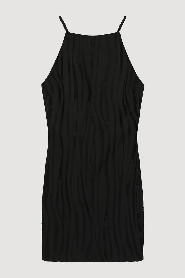 Halter Yaka Dokulu Mini Elbise Siyah