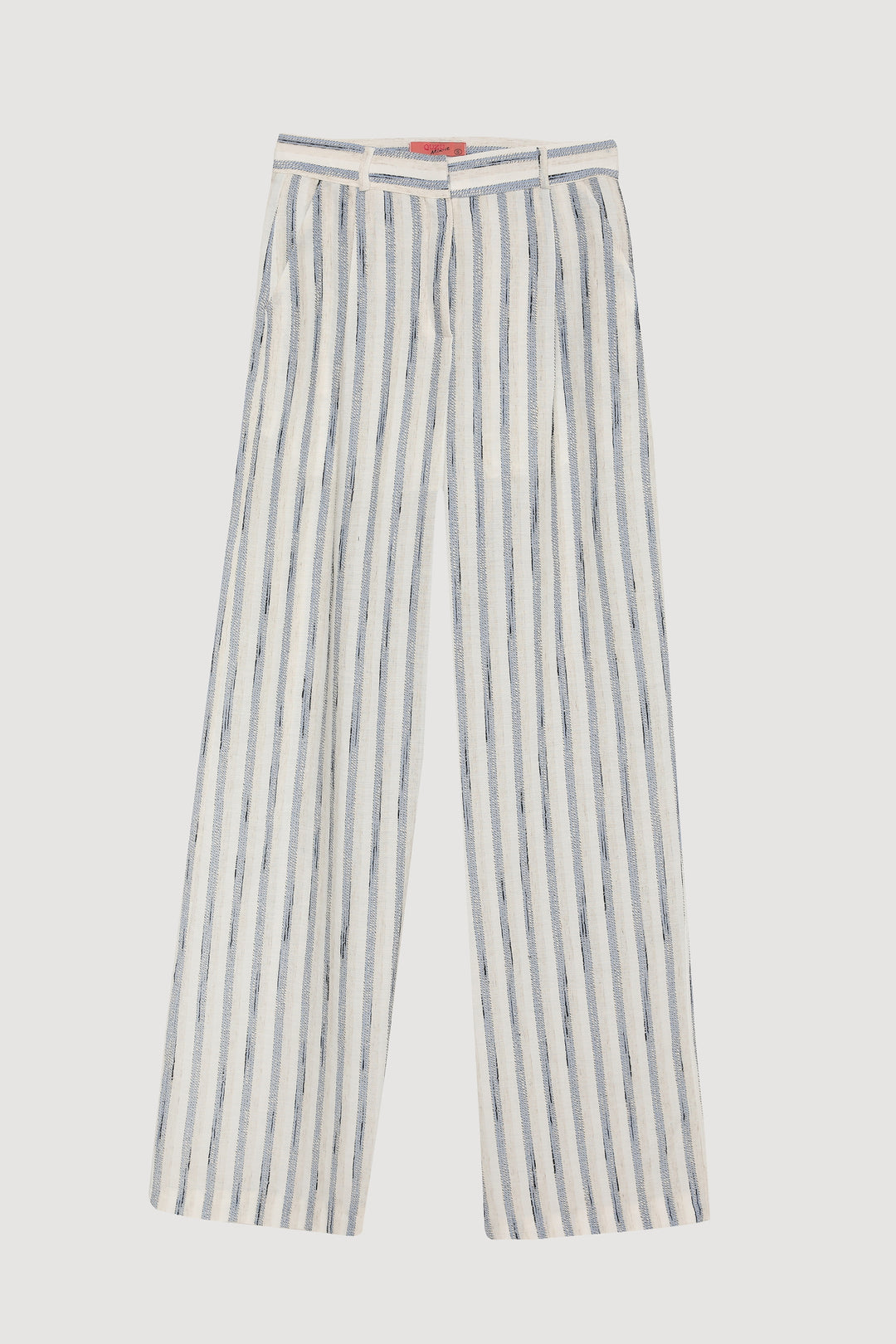 Çizgili Pensli Keten Palazzo Pantolon Mavi