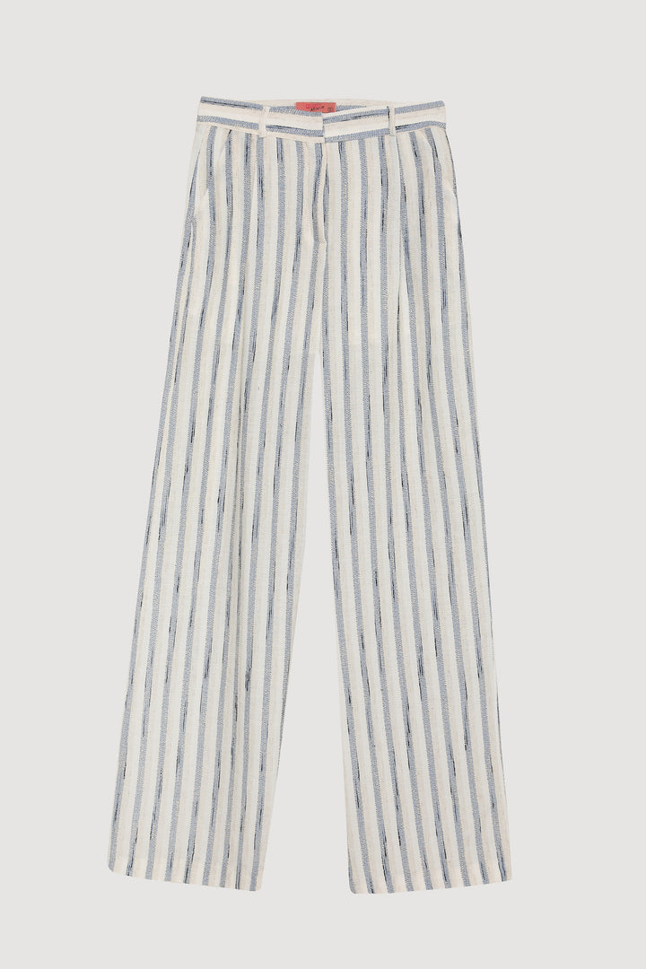 Çizgili Pensli Keten Palazzo Pantolon Mavi