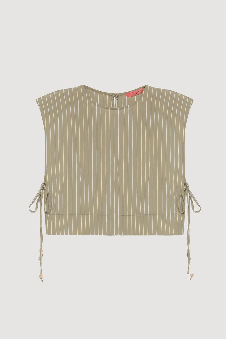Yanları Bağlamalı Çizgili Vatkalı Bluz Haki
