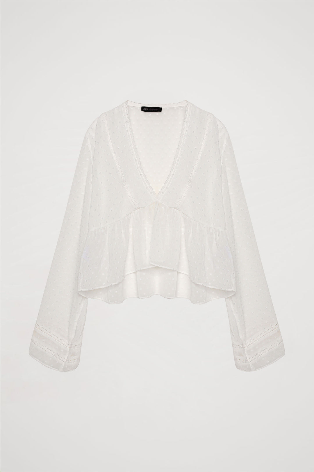 V Yaka Dantelli Tül Bluz Ekru